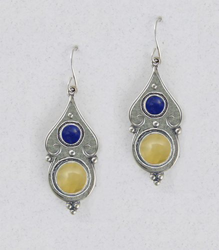 Sterling Silver Yellow Aragonite And Lapis Lazuli Gemstone Drop Dangle Earrings